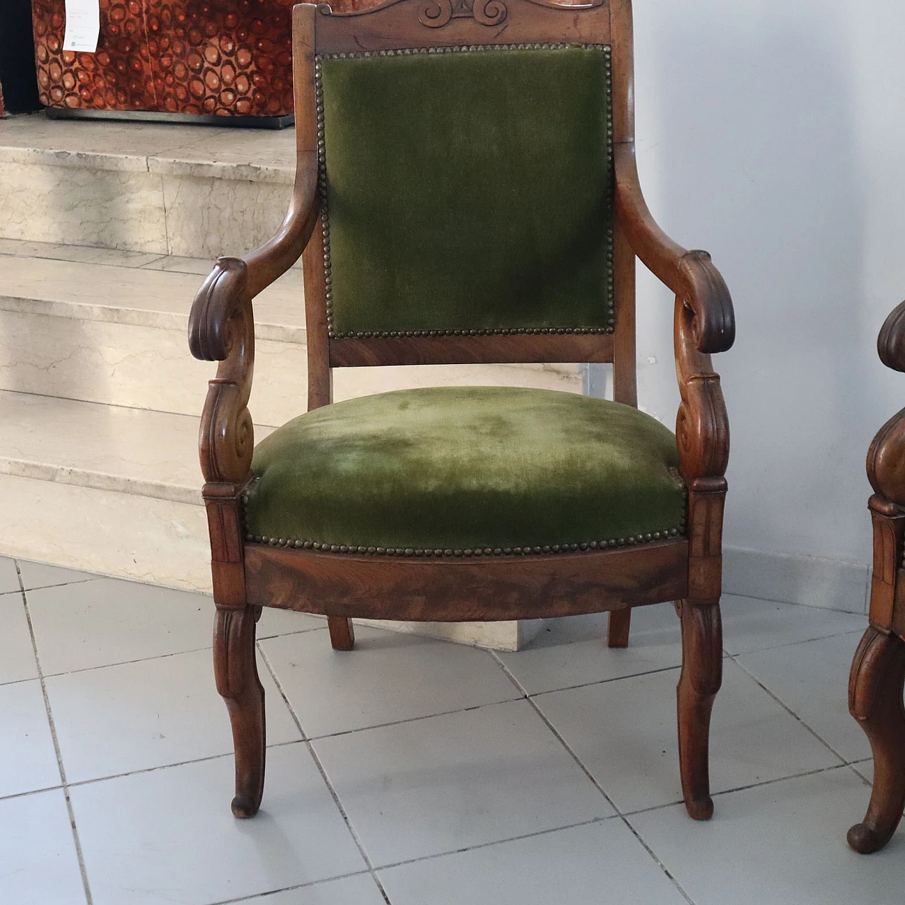 Pair of walnut armchairs with green fabric, 19th century 4