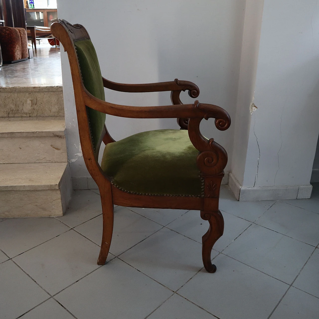 Pair of walnut armchairs with green fabric, 19th century 5