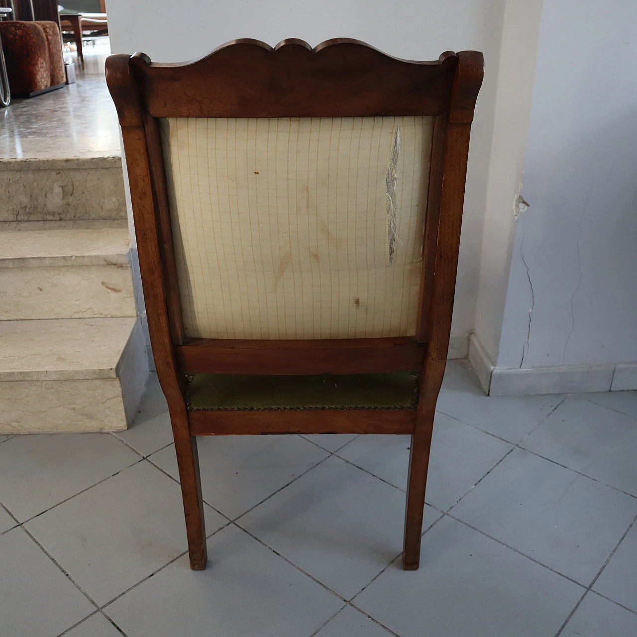 Pair of walnut armchairs with green fabric, 19th century 6