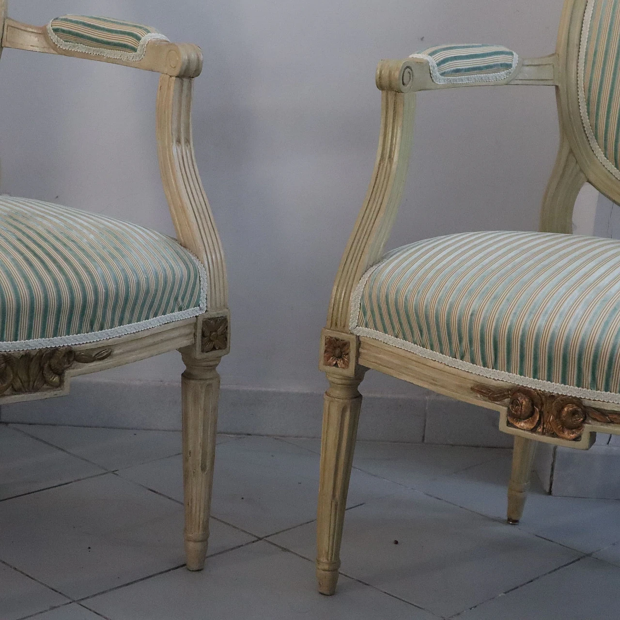 Pair of Louis XVI armchairs in laquered wood & gold leaf details 2