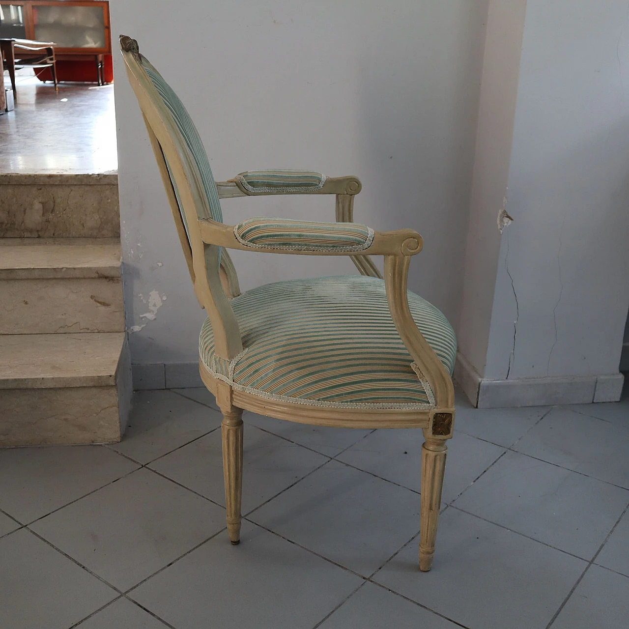 Pair of Louis XVI armchairs in laquered wood & gold leaf details 3