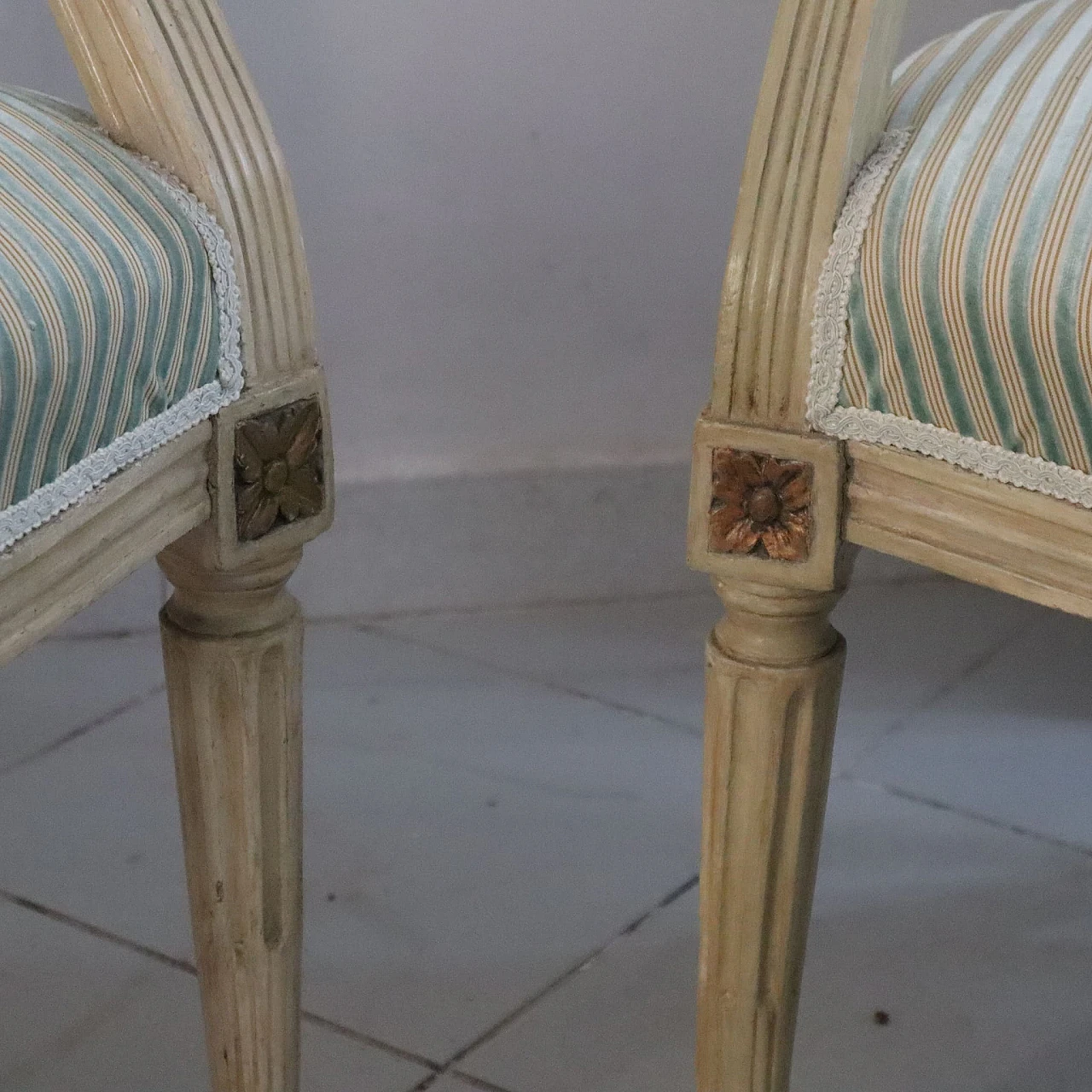 Pair of Louis XVI armchairs in laquered wood & gold leaf details 4