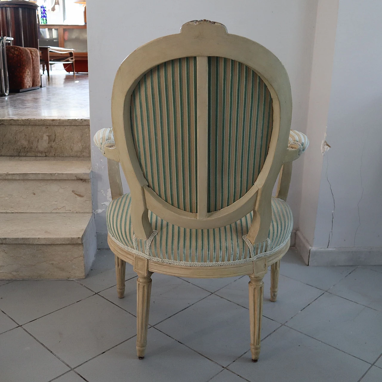 Pair of Louis XVI armchairs in laquered wood & gold leaf details 5