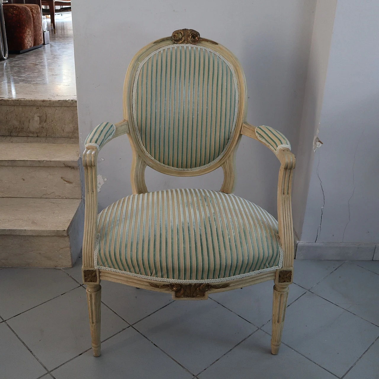 Pair of Louis XVI armchairs in laquered wood & gold leaf details 7