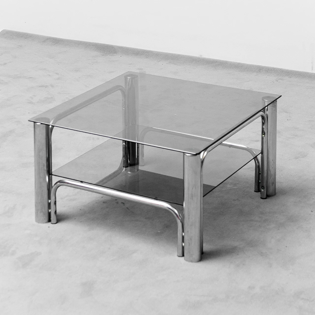 Squared coffee table in metal with double glass shelf, 1970s 1