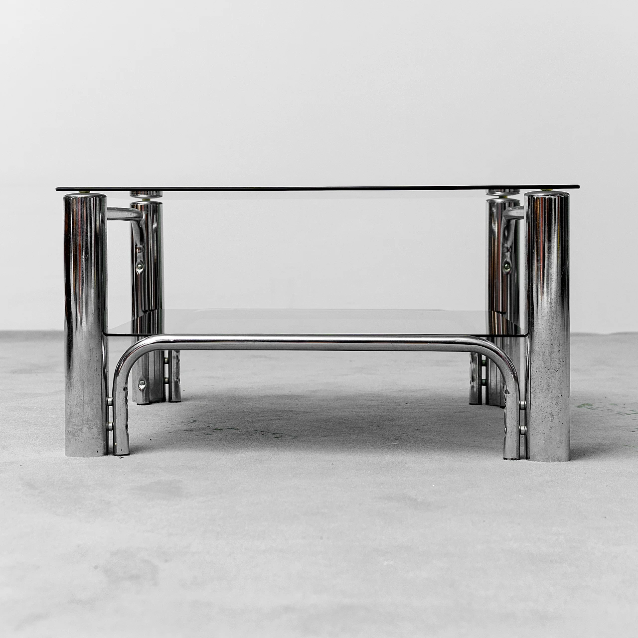 Squared coffee table in metal with double glass shelf, 1970s 8