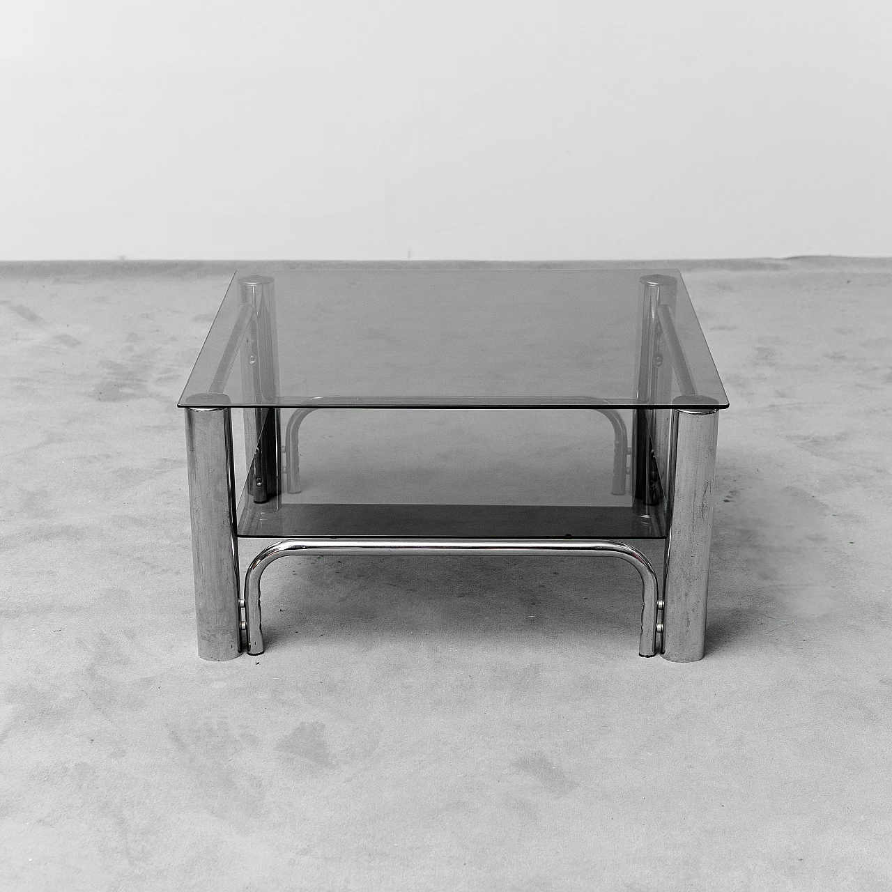 Squared coffee table in metal with double glass shelf, 1970s 9