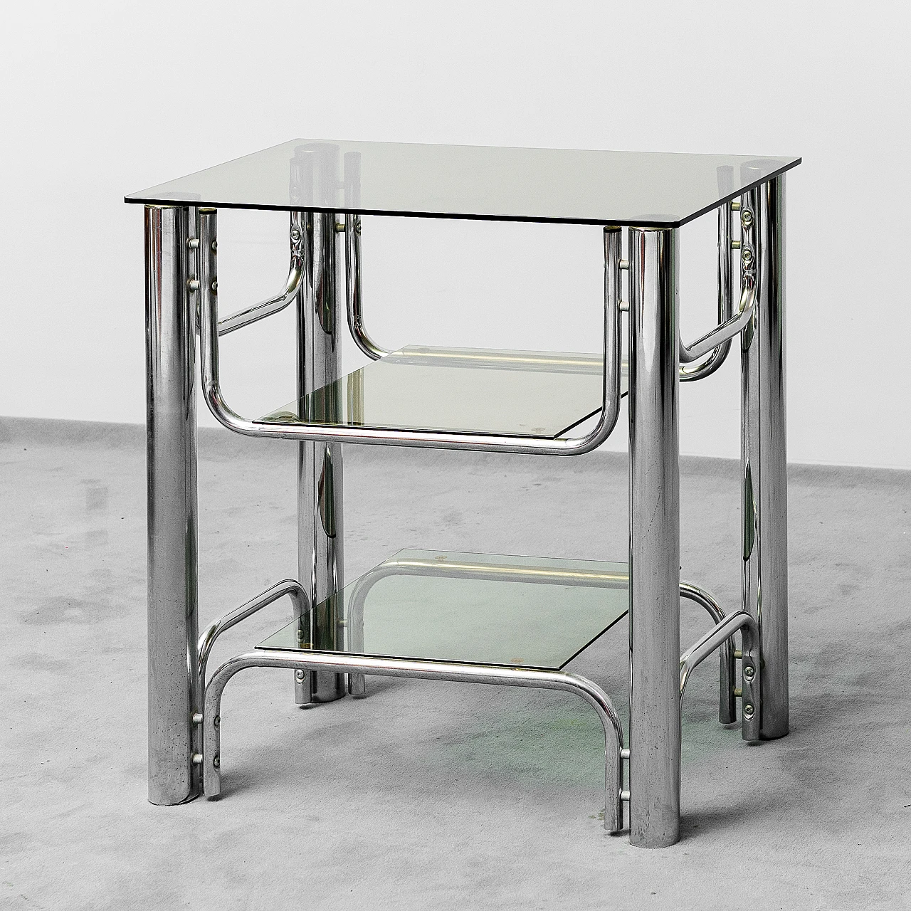 TV stand table in metal with 3 glass shelves, 1970s 1