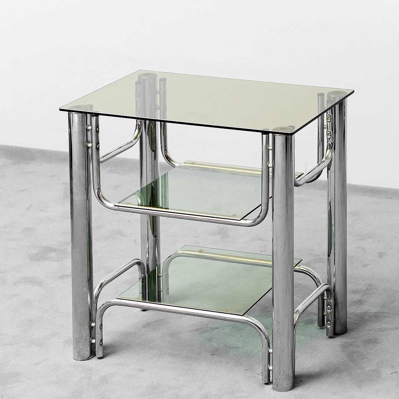 TV stand table in metal with 3 glass shelves, 1970s 3