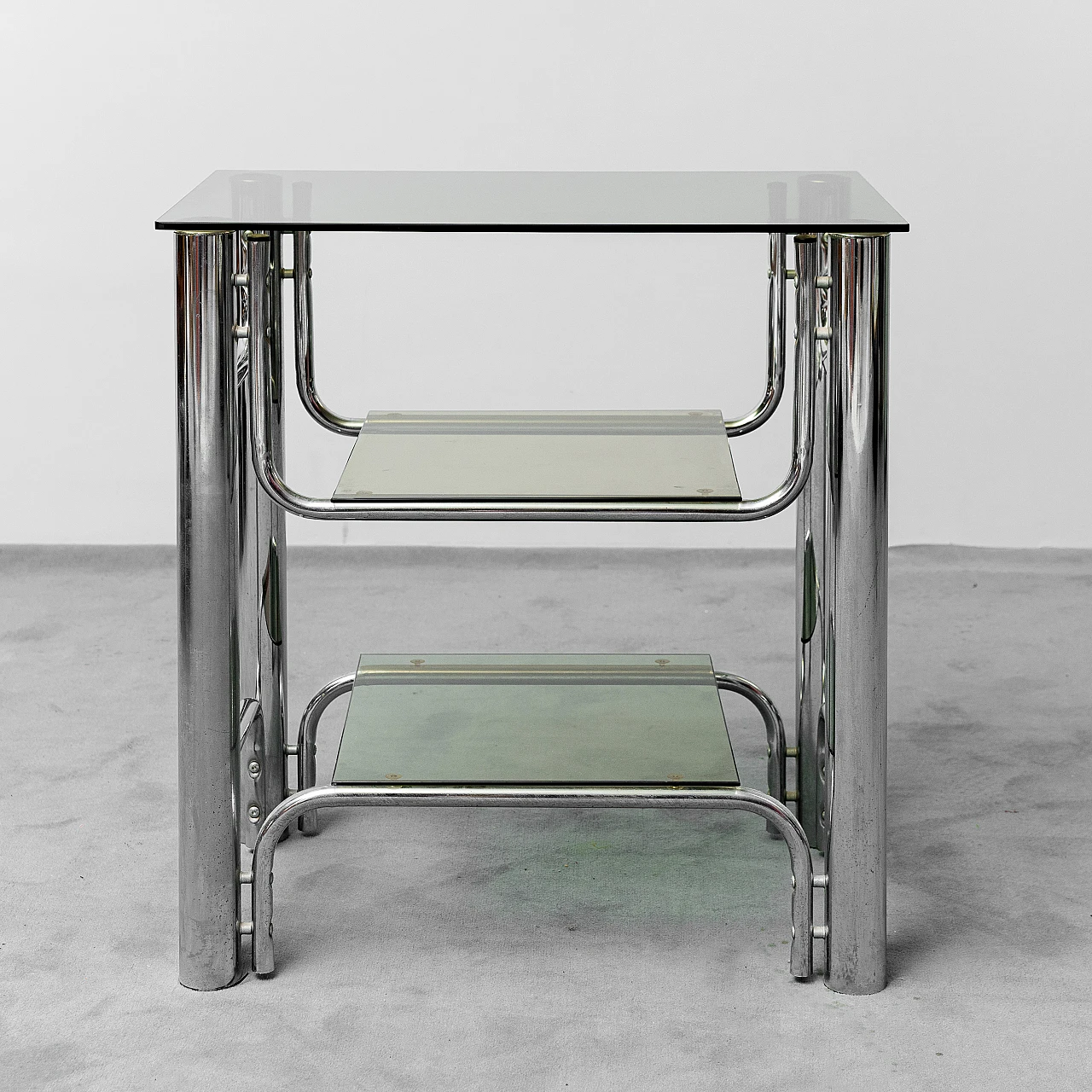 TV stand table in metal with 3 glass shelves, 1970s 5