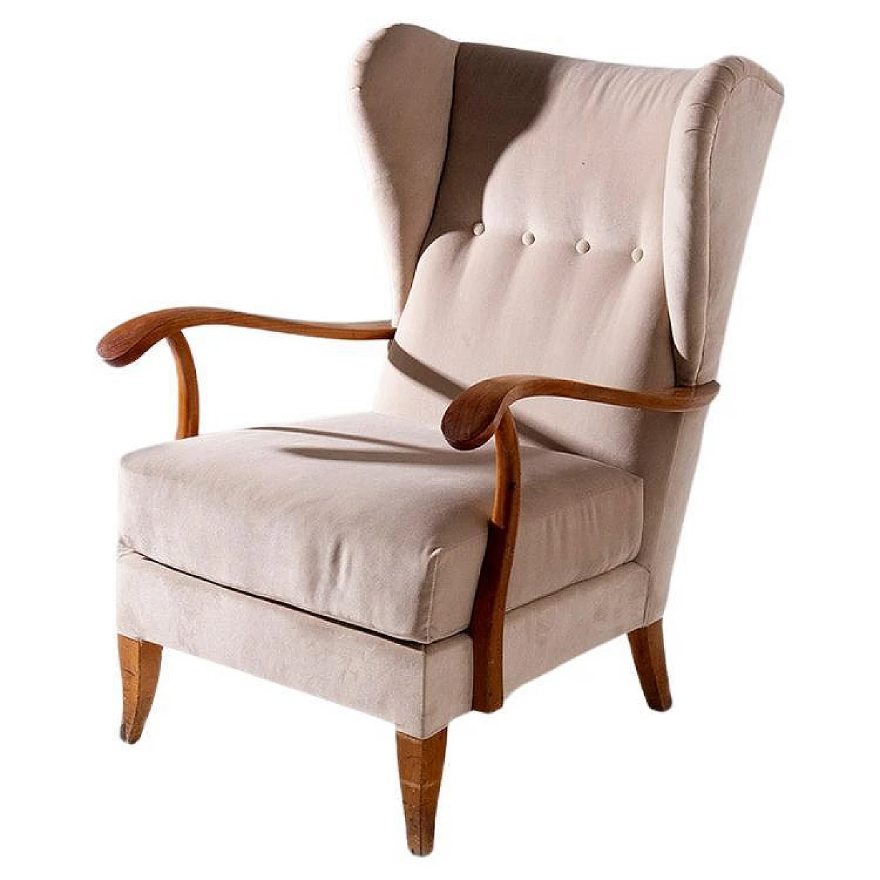 Beige velvet & wood armchair in the style of P. Buffa, 1950s 1