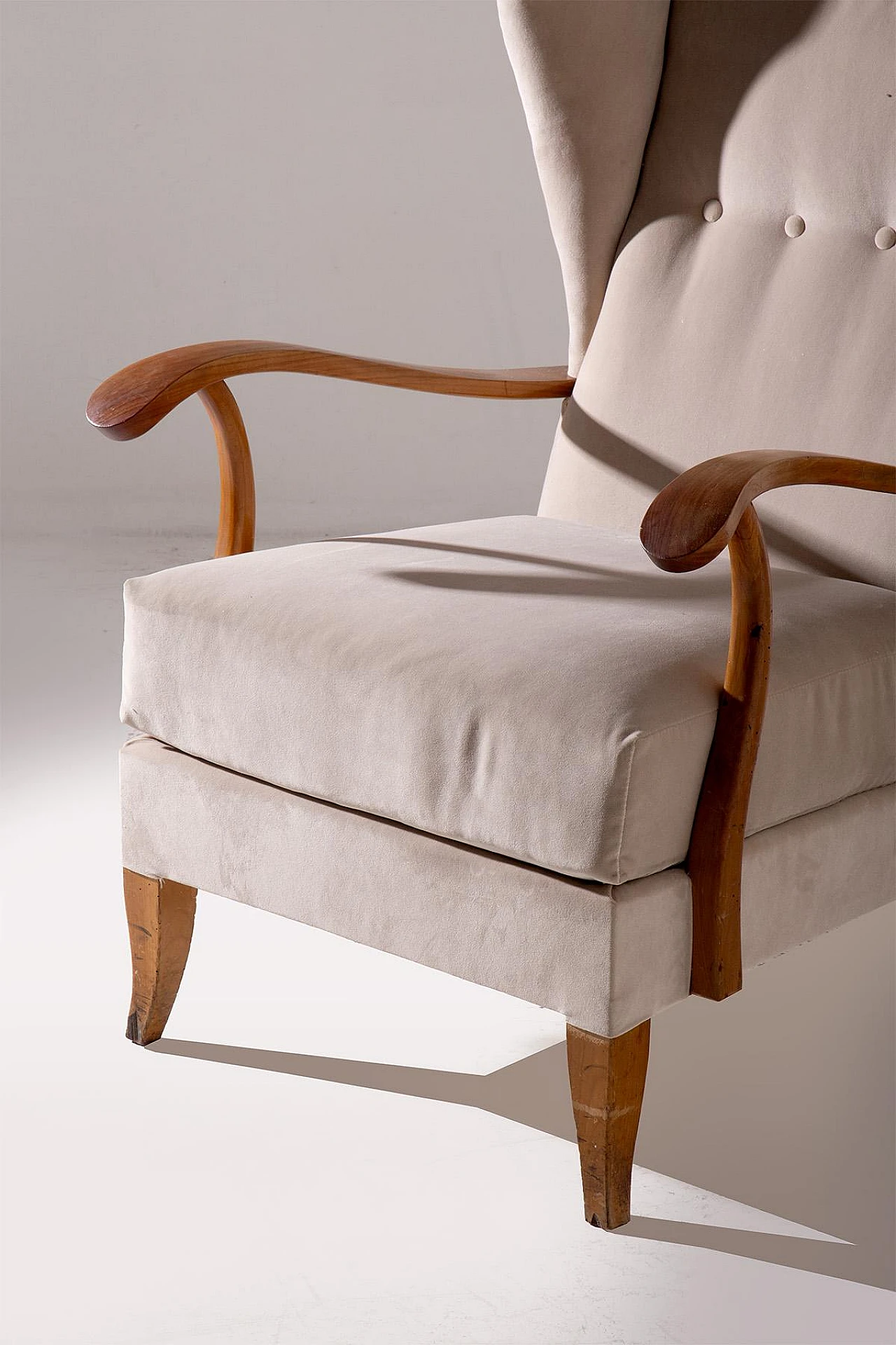 Beige velvet & wood armchair in the style of P. Buffa, 1950s 7