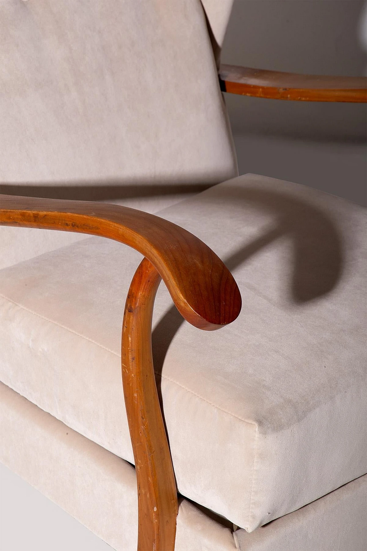 Beige velvet & wood armchair in the style of P. Buffa, 1950s 8