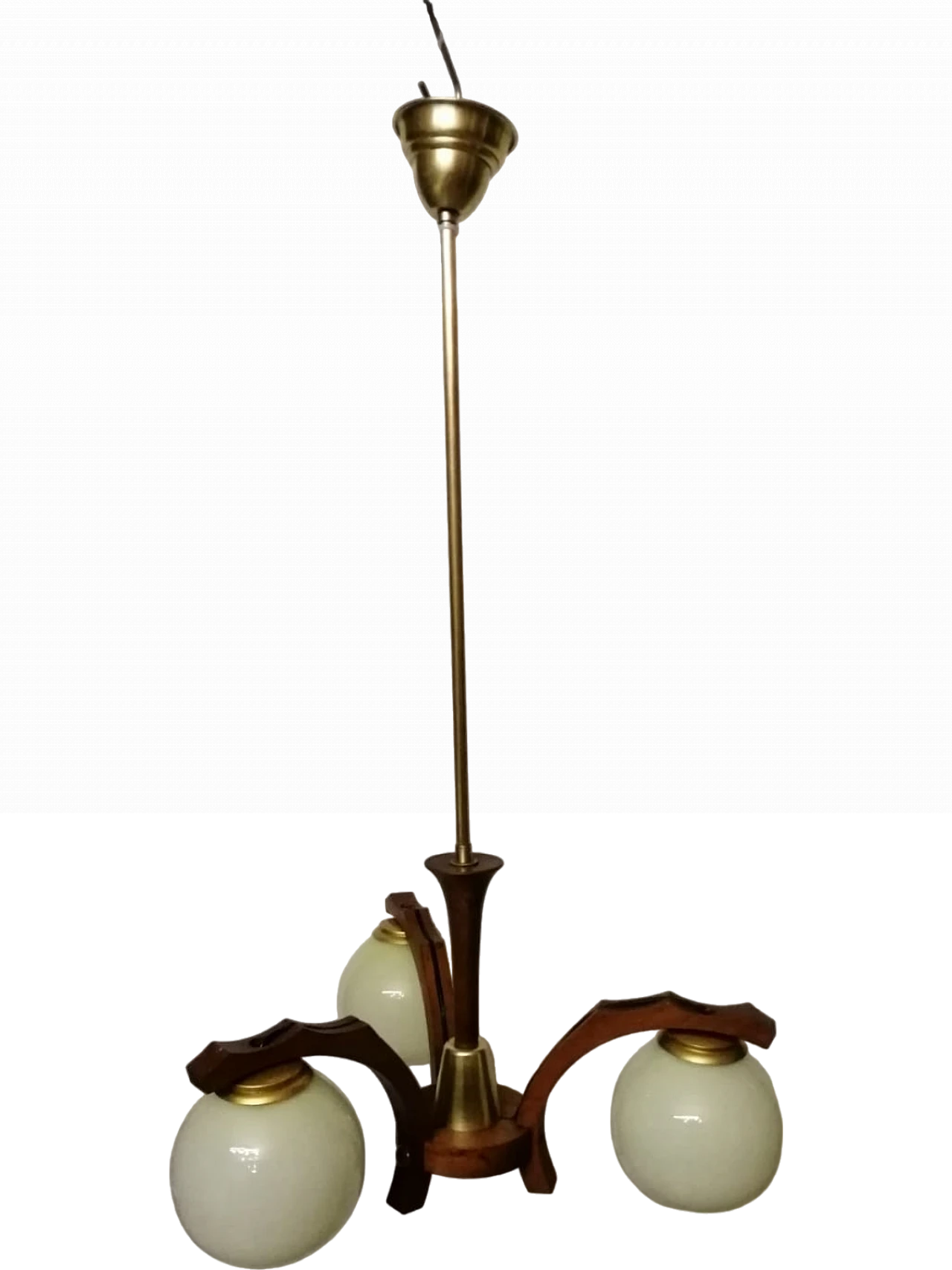 Wood and opaline glass chandelier, 1960s 6