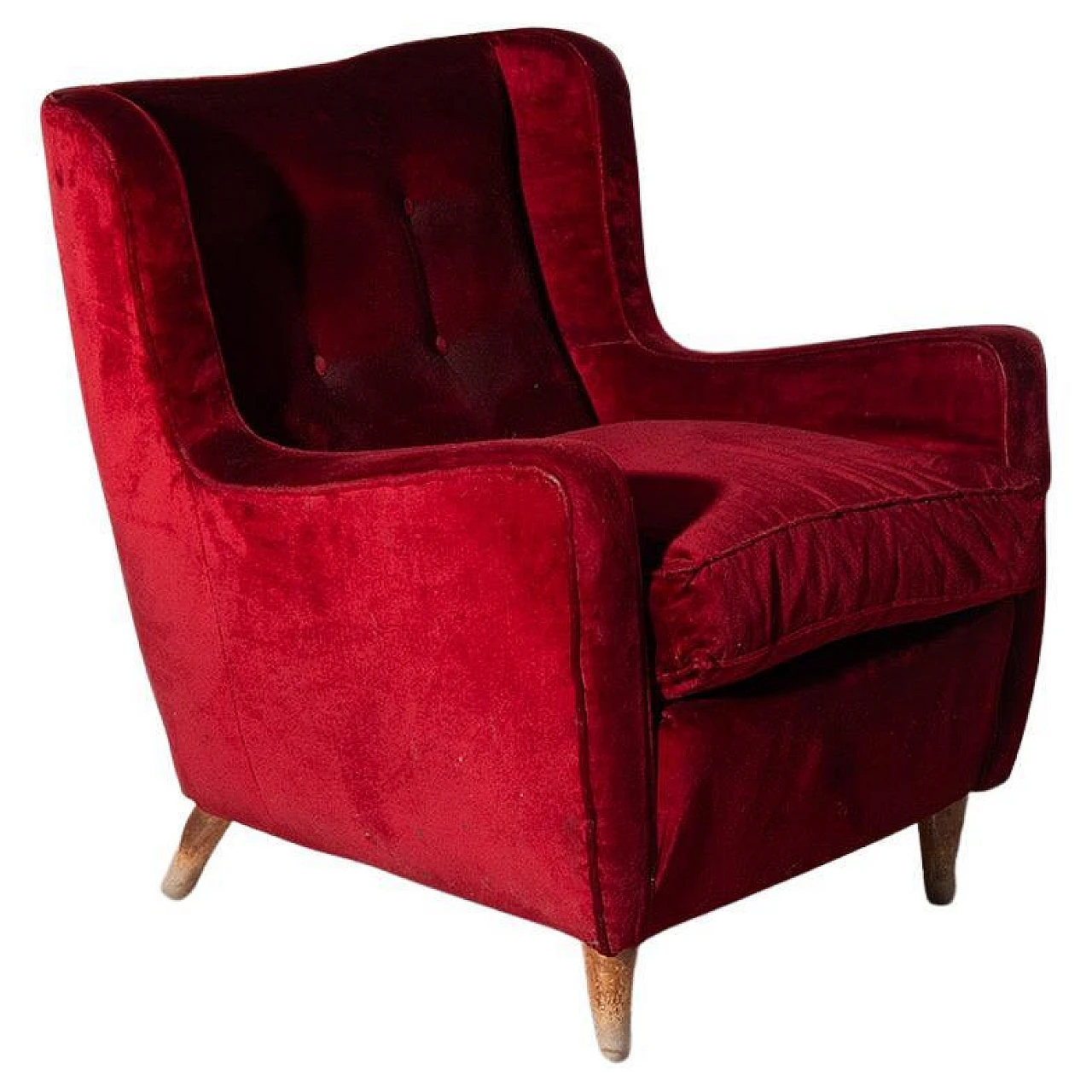 Bergère armchair in red velvet & wood by Gio Ponti style, 1950s 1