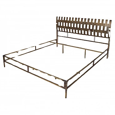 Brass bed frame with woven headboard by Luciano Frigerio, 1960s