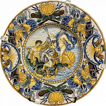 Majolica plate depicting Neptune by Carlo Mollica, 19th century