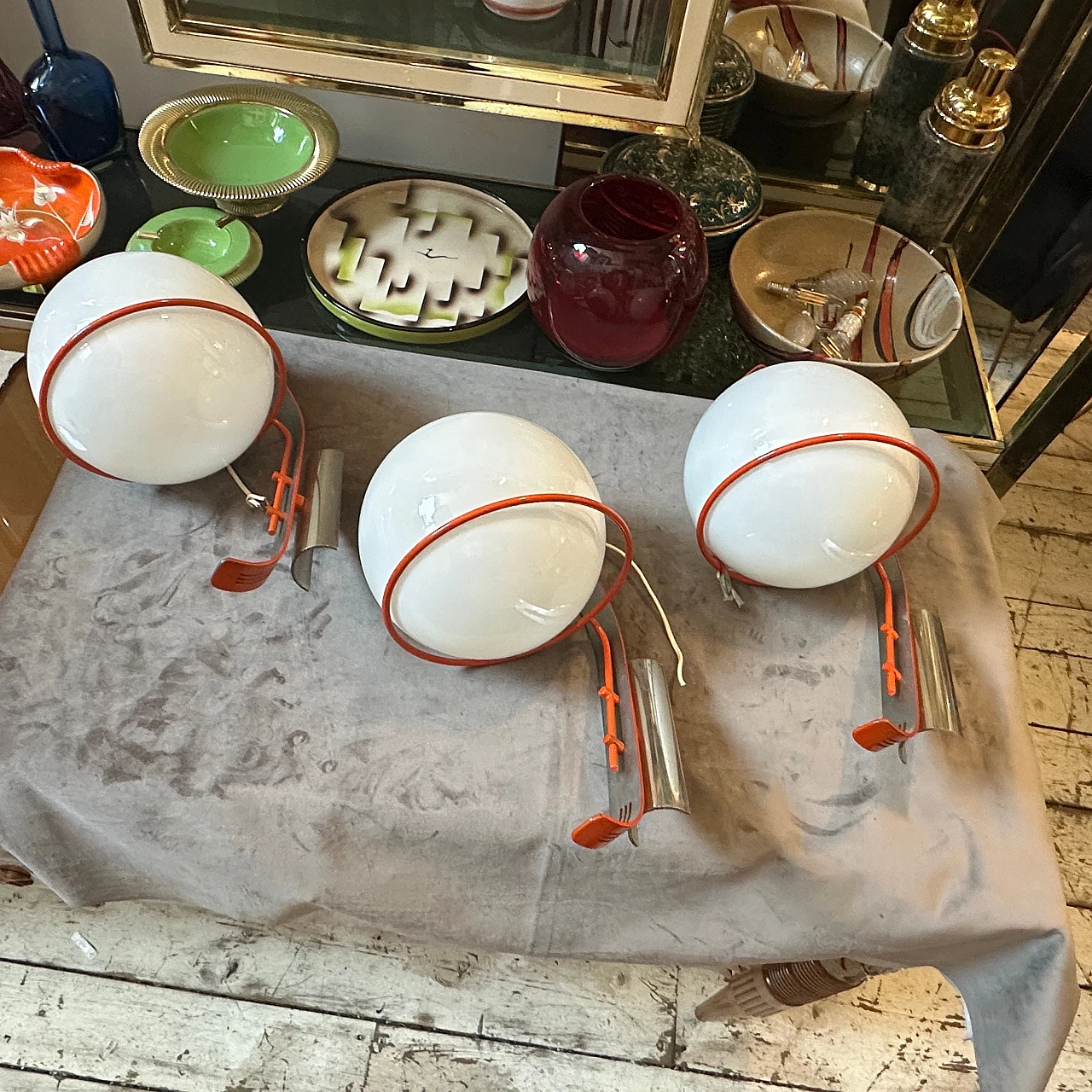 Orange metal & white opaline glass wall light in Reggiani style, 1970s 2