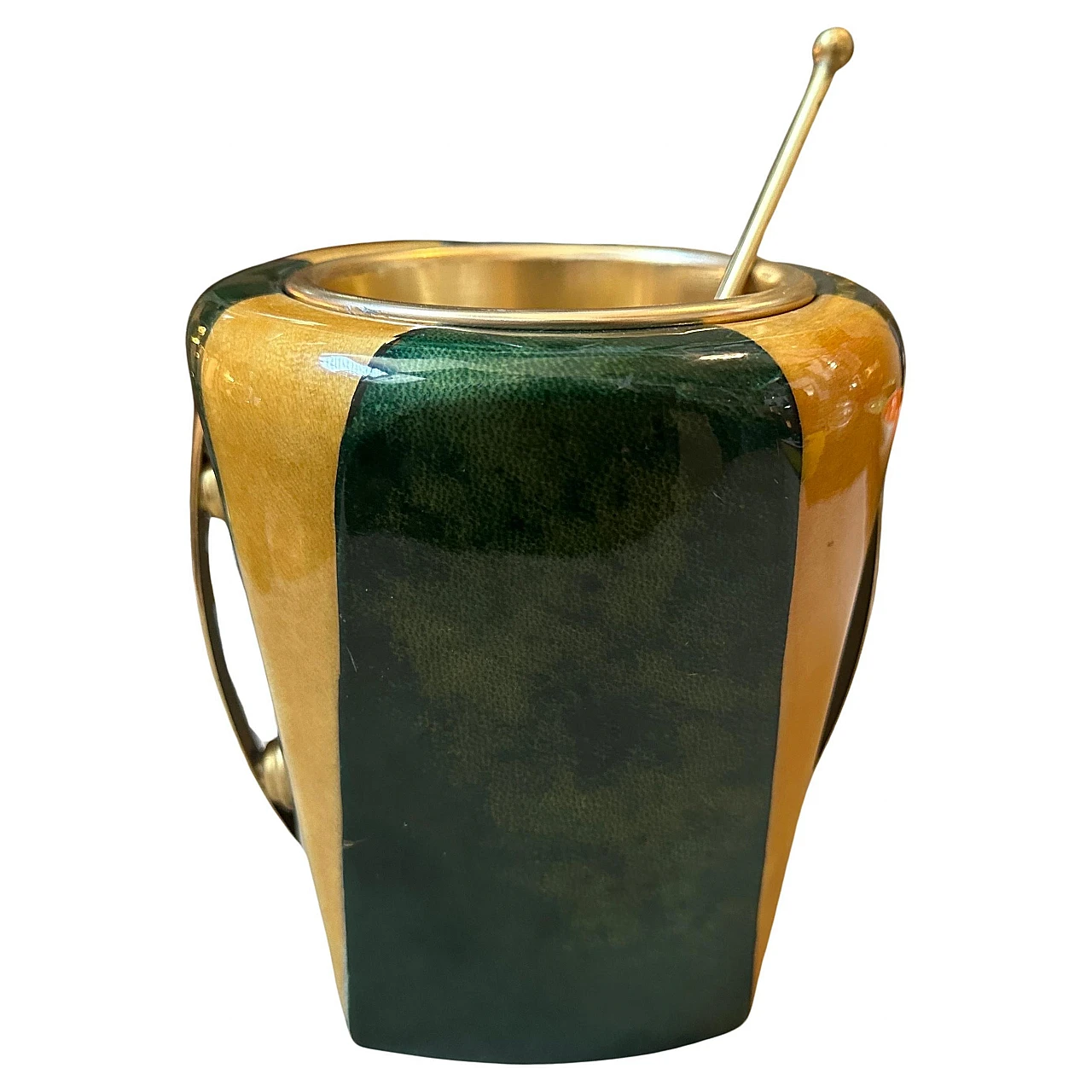 Striped brass and goatskin ice bucket By Aldo Tura, 1950s 1