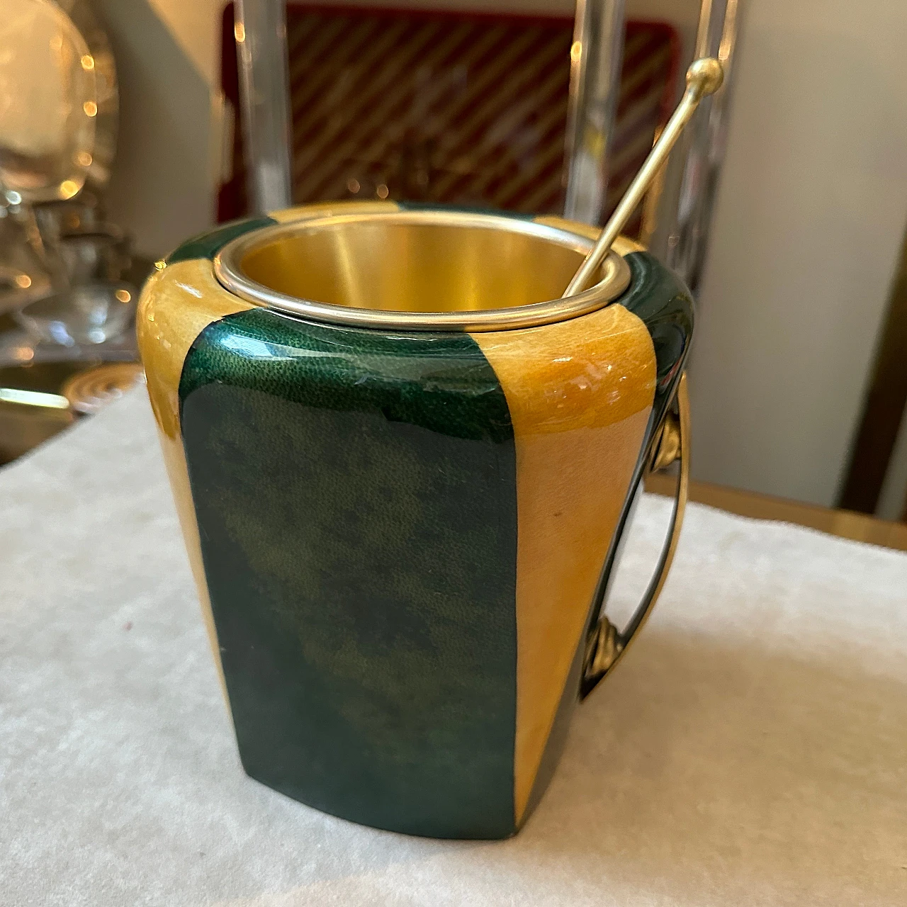 Striped brass and goatskin ice bucket By Aldo Tura, 1950s 2