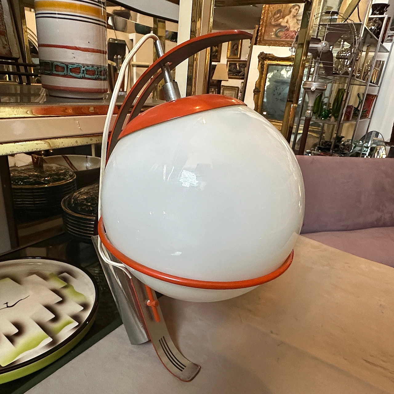 Orange metal & white opaline glass wall light in Reggiani style, 1970s 4