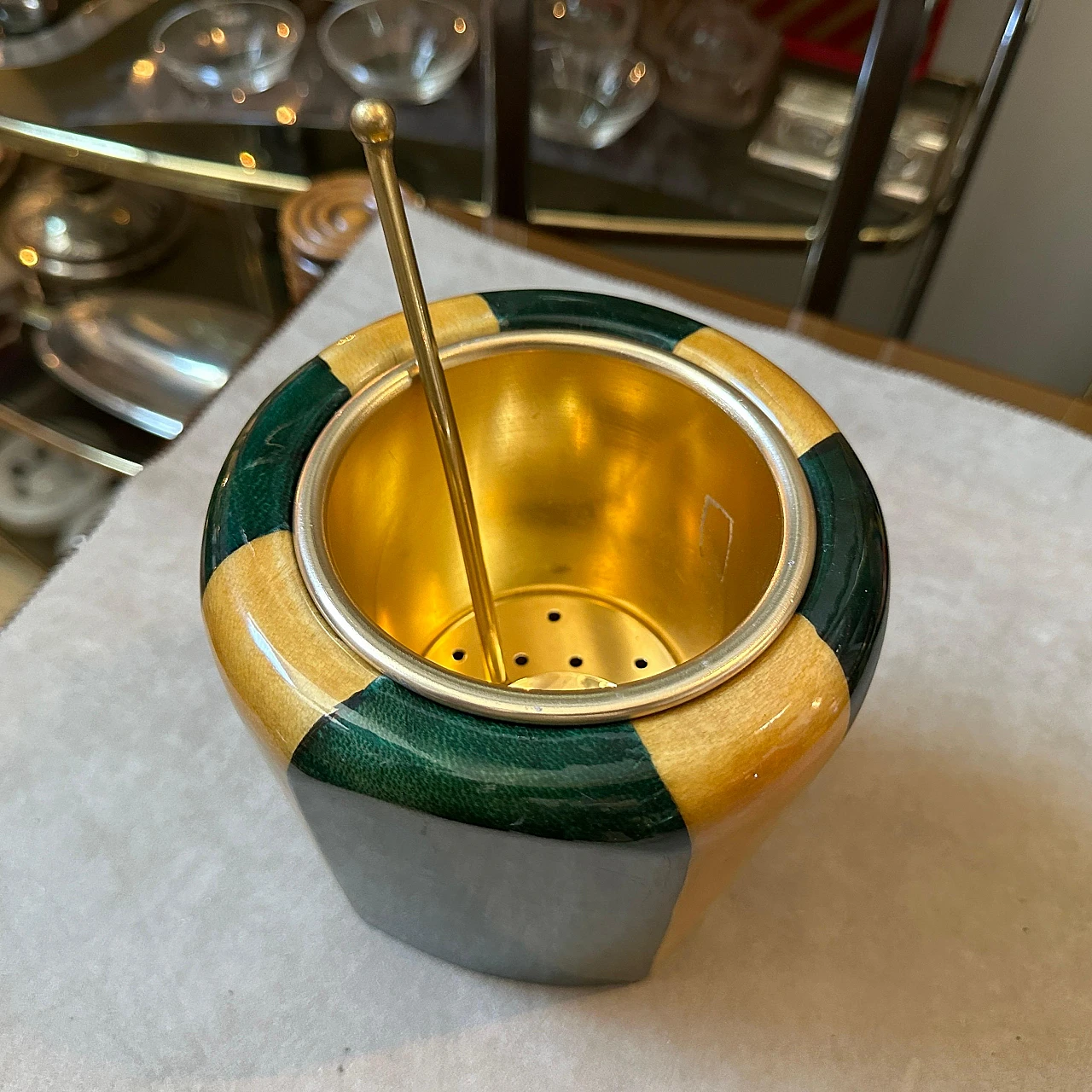 Striped brass and goatskin ice bucket By Aldo Tura, 1950s 3