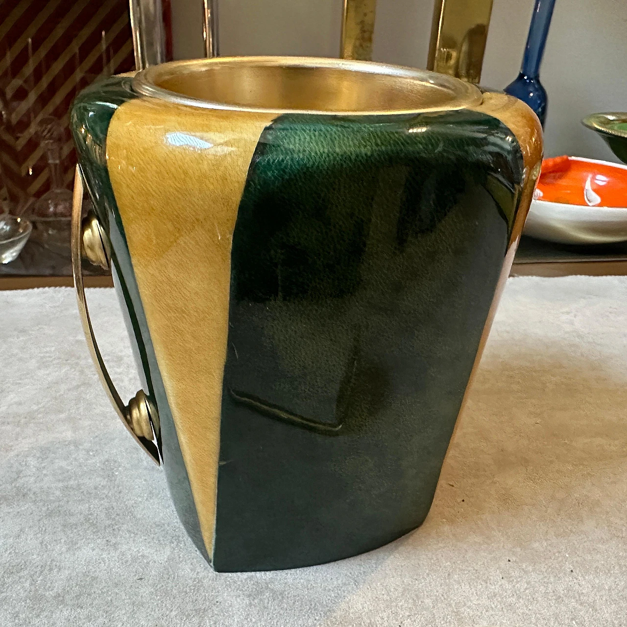 Striped brass and goatskin ice bucket By Aldo Tura, 1950s 4