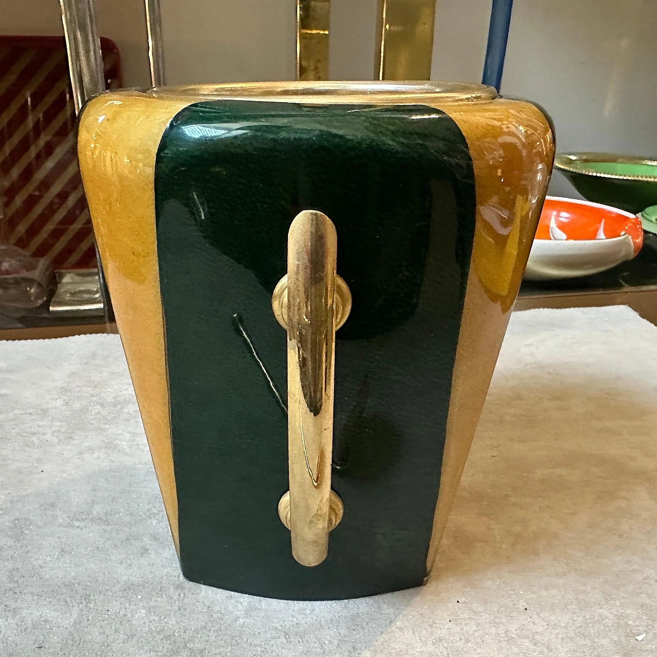 Striped brass and goatskin ice bucket By Aldo Tura, 1950s 5