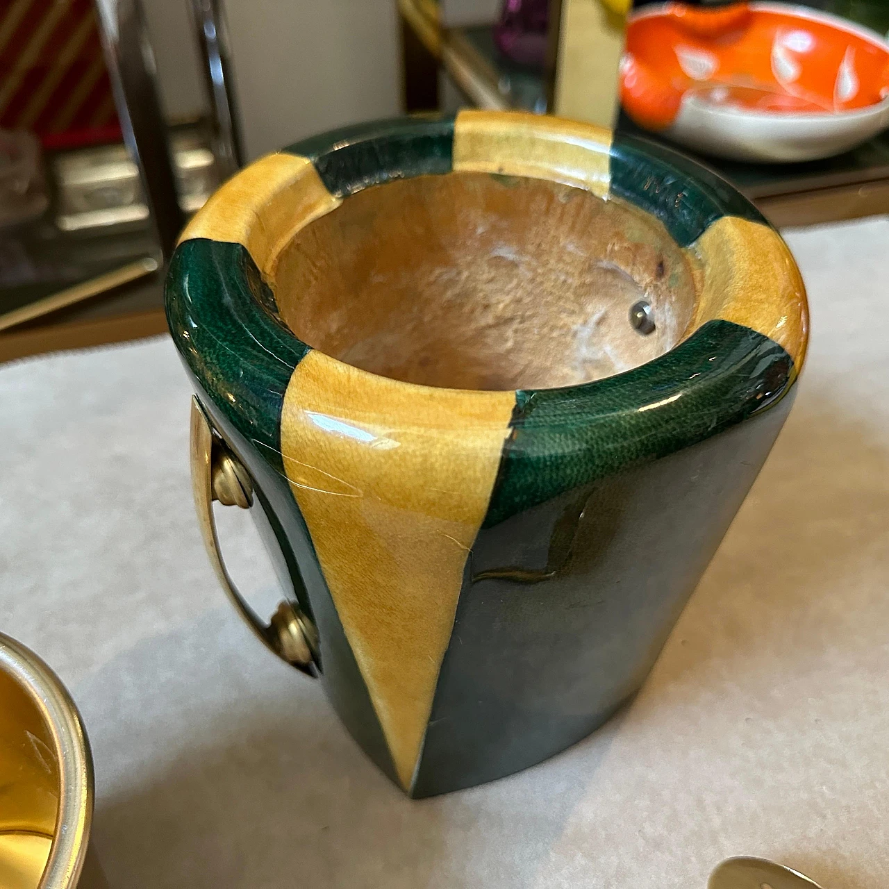 Striped brass and goatskin ice bucket By Aldo Tura, 1950s 7