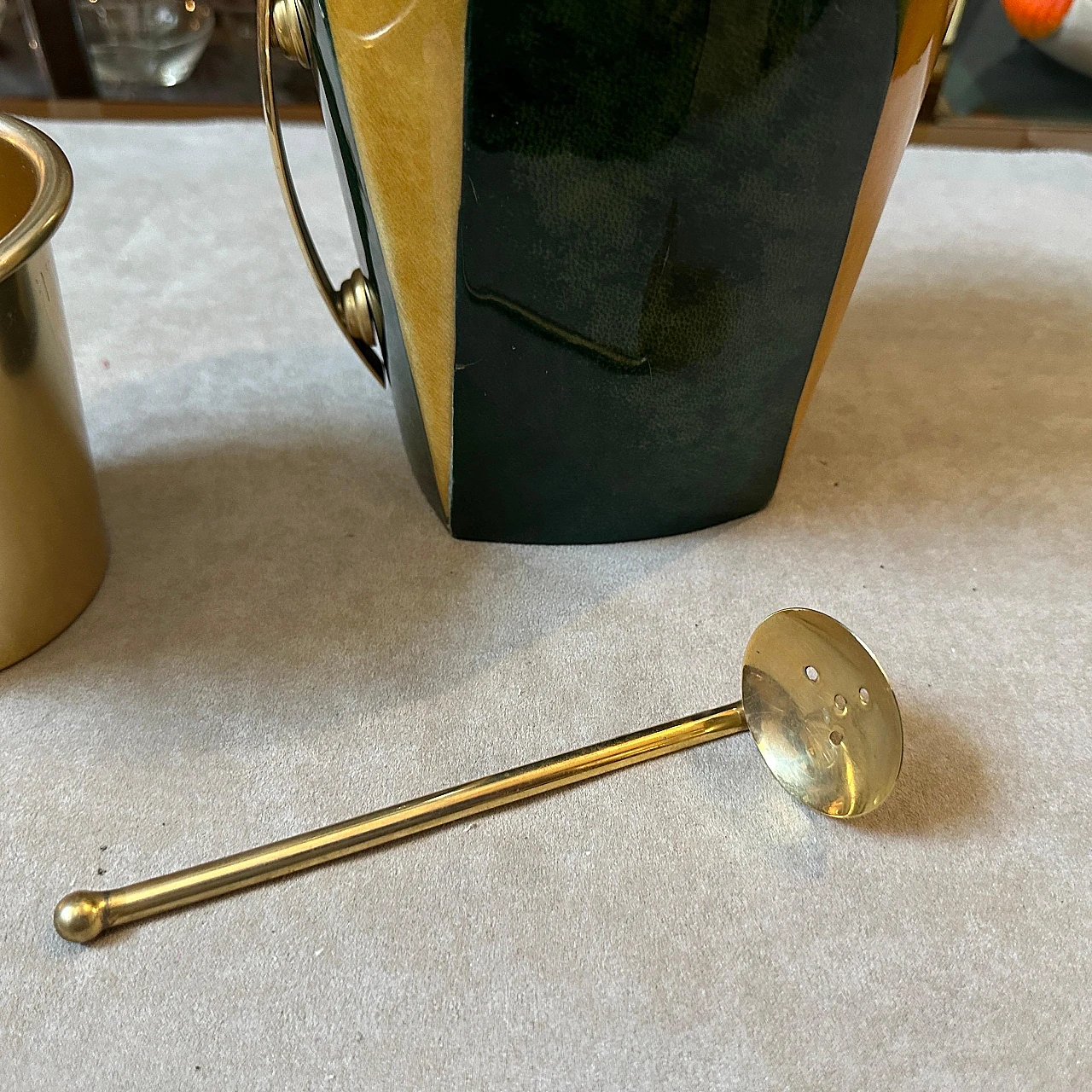 Striped brass and goatskin ice bucket By Aldo Tura, 1950s 8