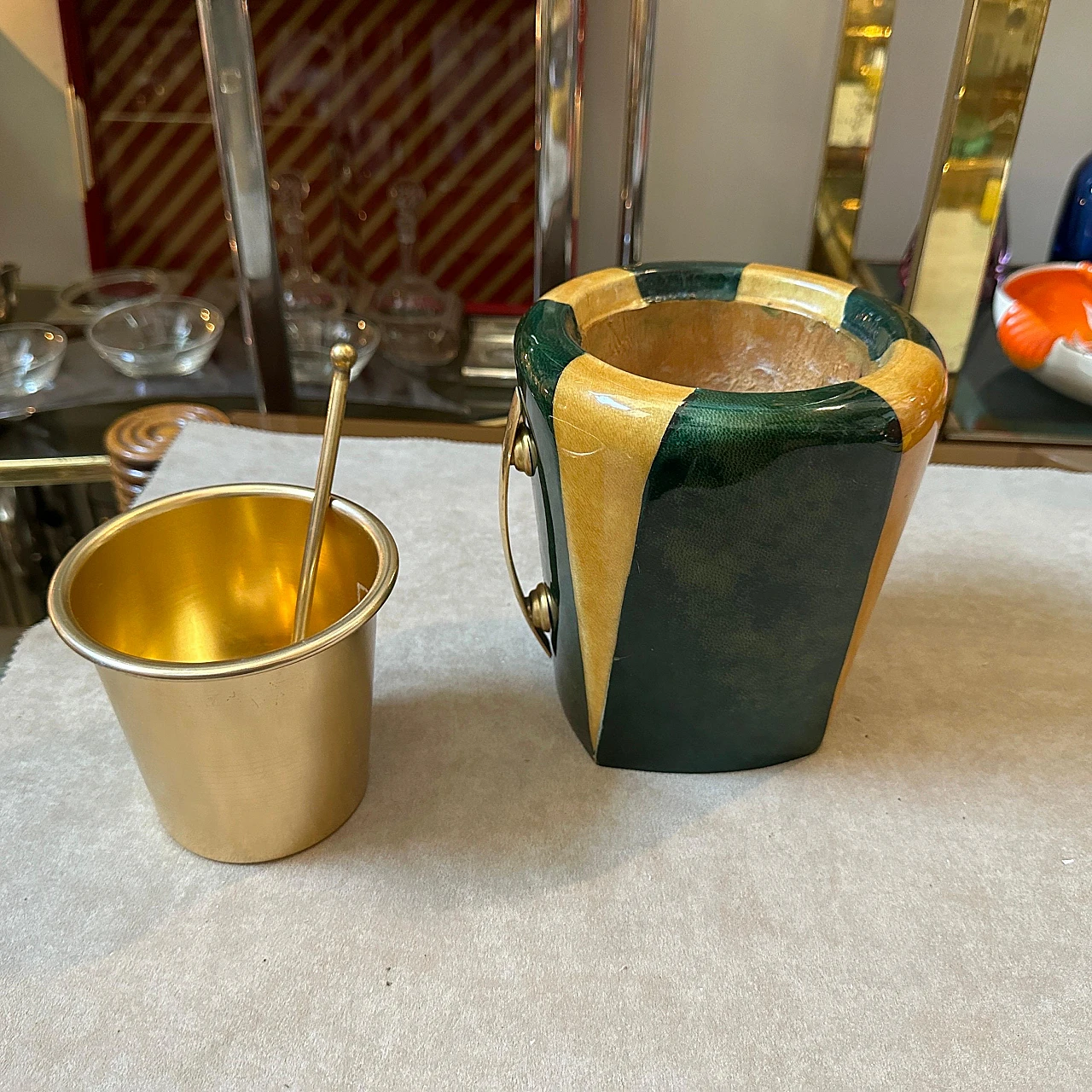 Striped brass and goatskin ice bucket By Aldo Tura, 1950s 9