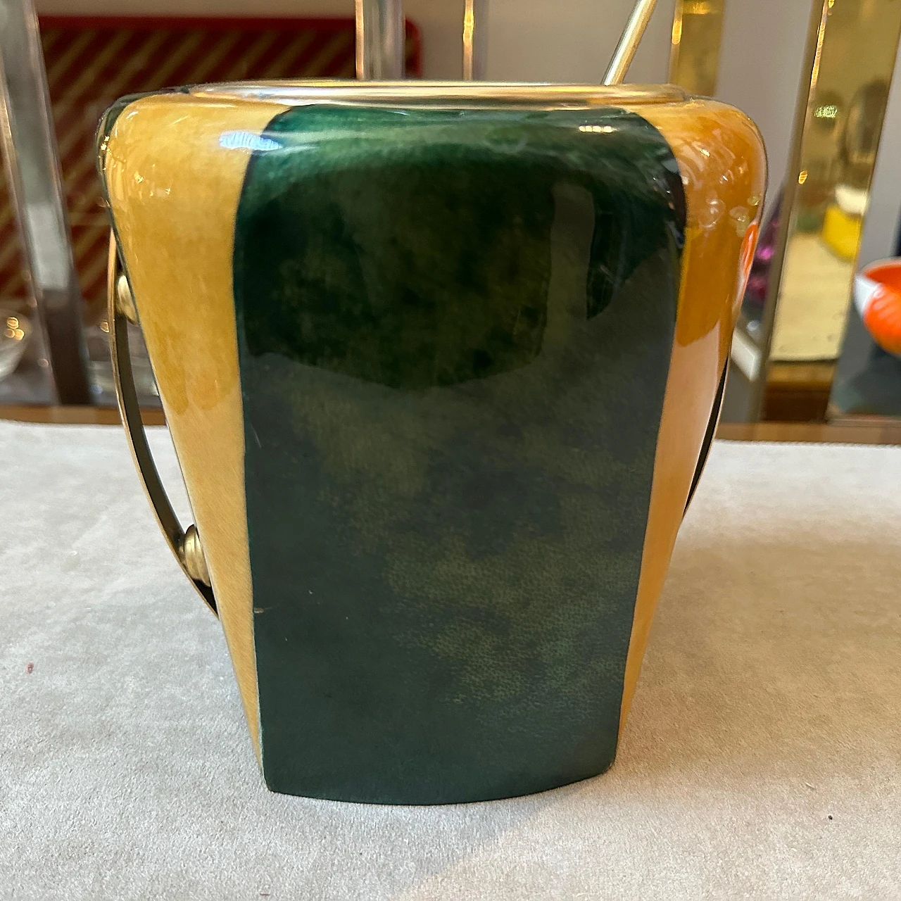 Striped brass and goatskin ice bucket By Aldo Tura, 1950s 10