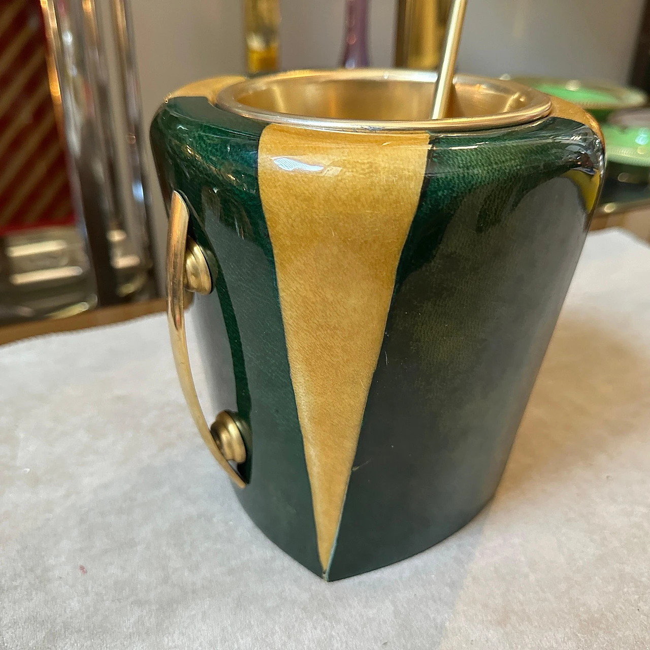 Striped brass and goatskin ice bucket By Aldo Tura, 1950s 11