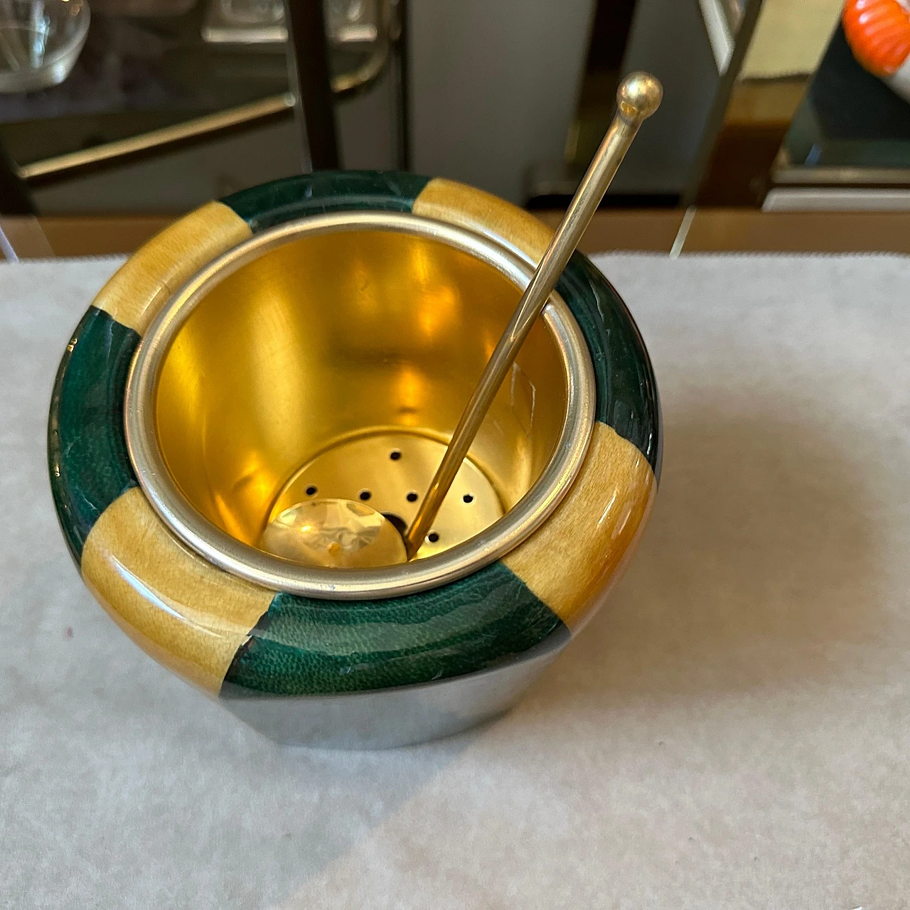 Striped brass and goatskin ice bucket By Aldo Tura, 1950s 12