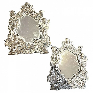 Pair of cartagloria mirrors in silver-plated metal, 19th century