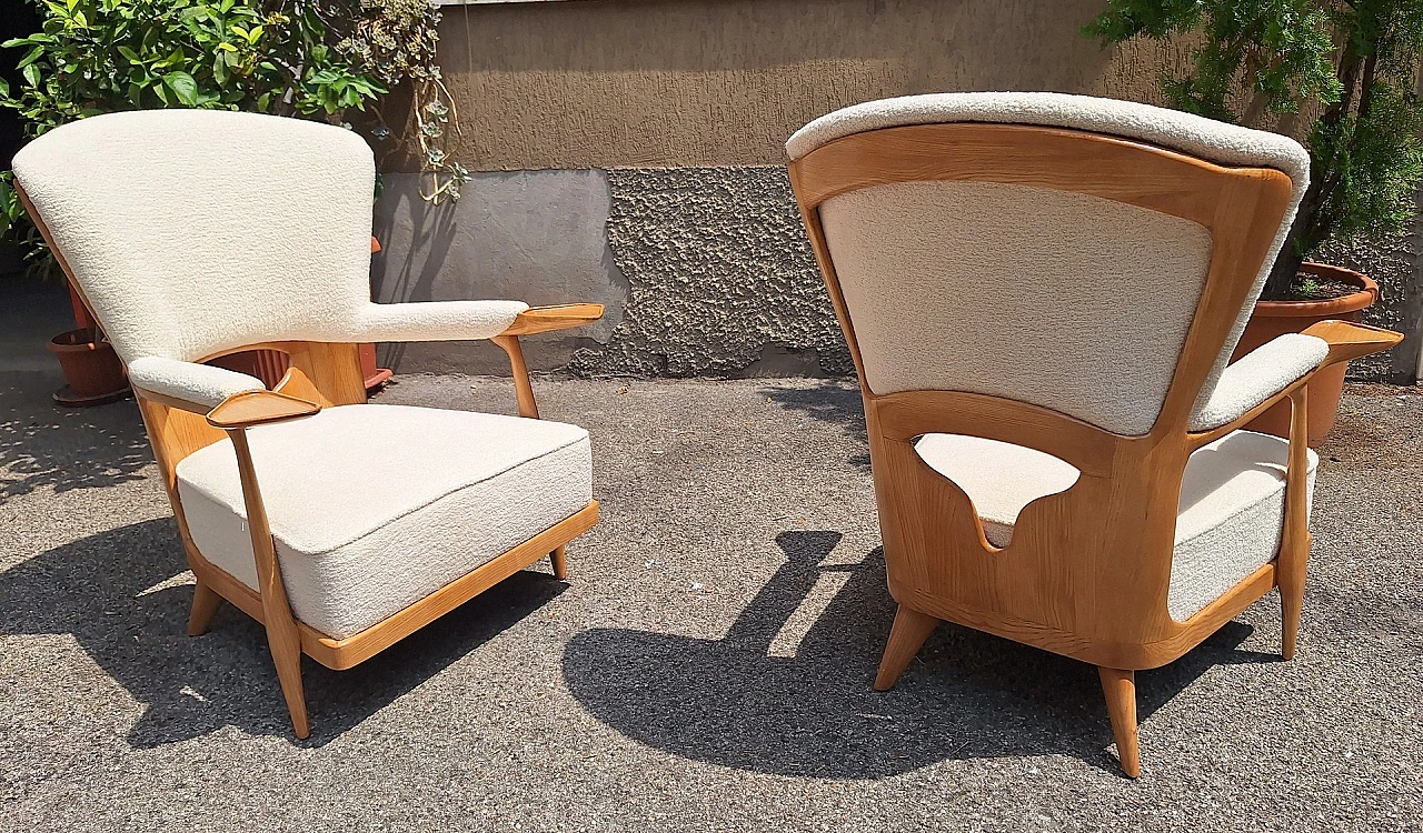 Pair of light wood and bouclé armchairs by Enrico Ciuti, 1950s 1