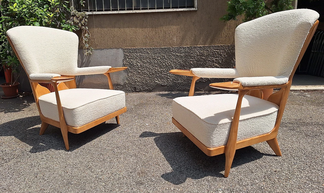 Pair of light wood and bouclé armchairs by Enrico Ciuti, 1950s 2