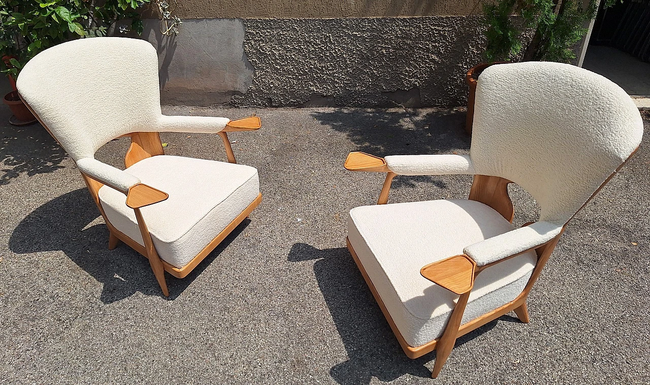 Pair of light wood and bouclé armchairs by Enrico Ciuti, 1950s 4