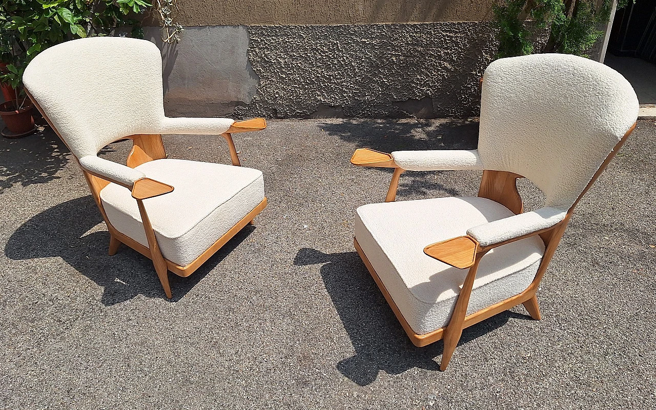 Pair of light wood and bouclé armchairs by Enrico Ciuti, 1950s 6