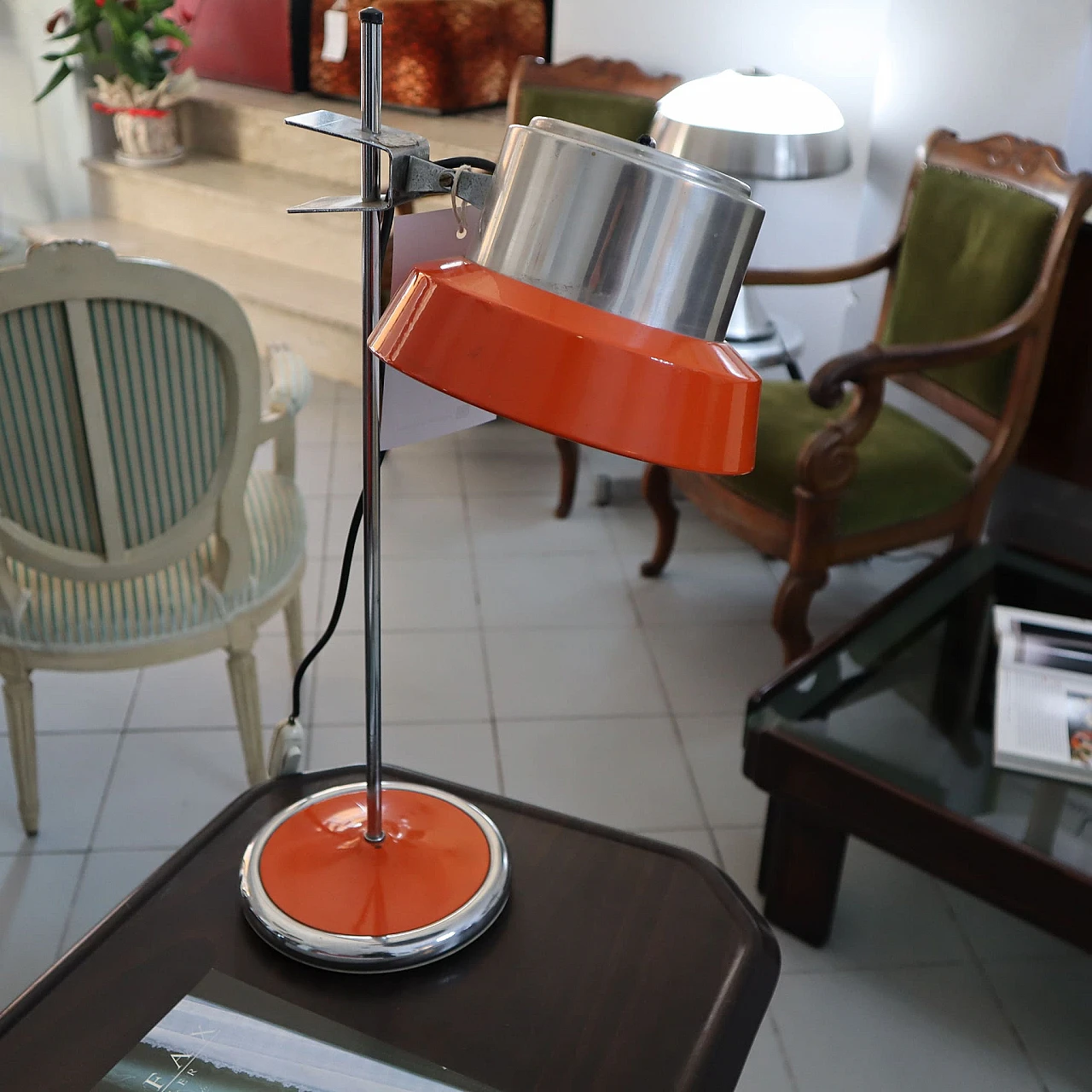 Space Age table lamp in chromed & orange metal, 1970s 3