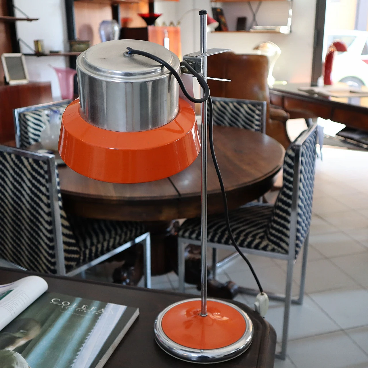 Space Age table lamp in chromed & orange metal, 1970s 4