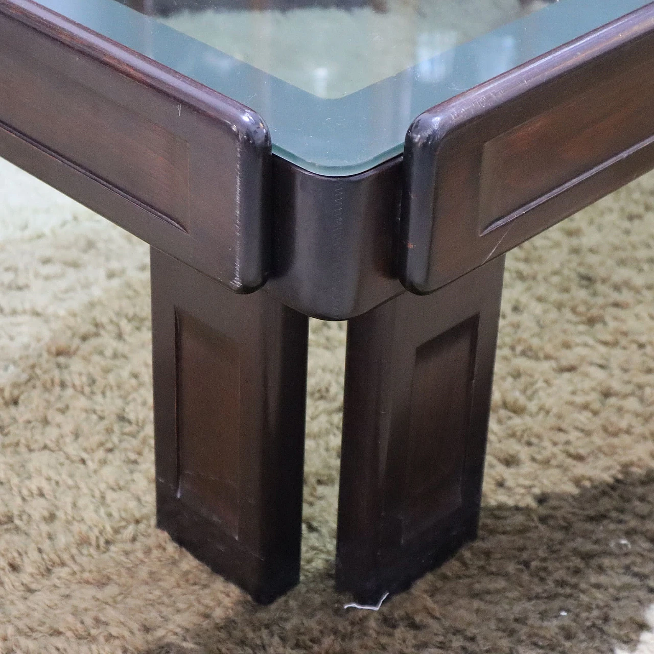 Mahogany & glass square coffee table in A. & T. Scarpa style, 1970s 1