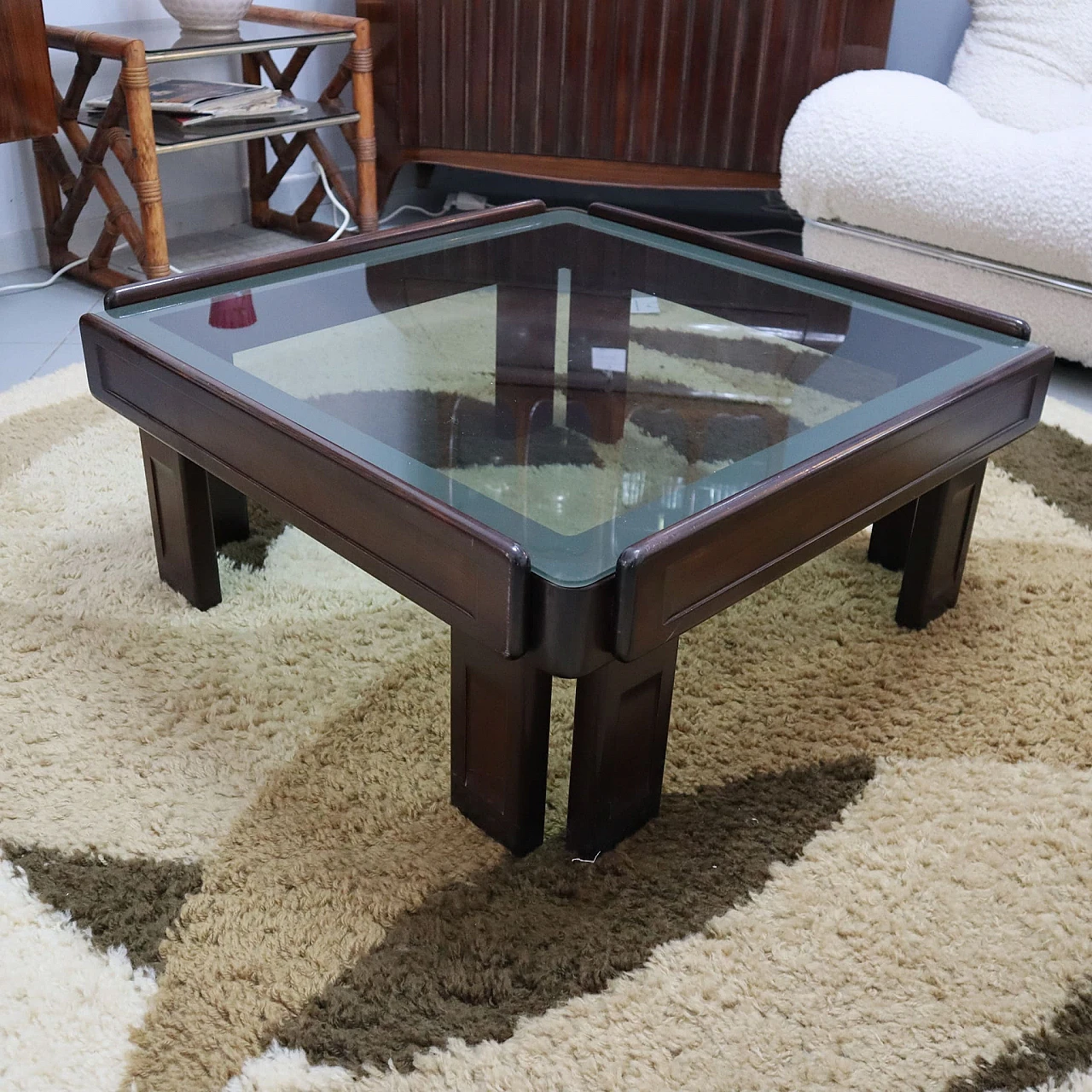 Mahogany & glass square coffee table in A. & T. Scarpa style, 1970s 3