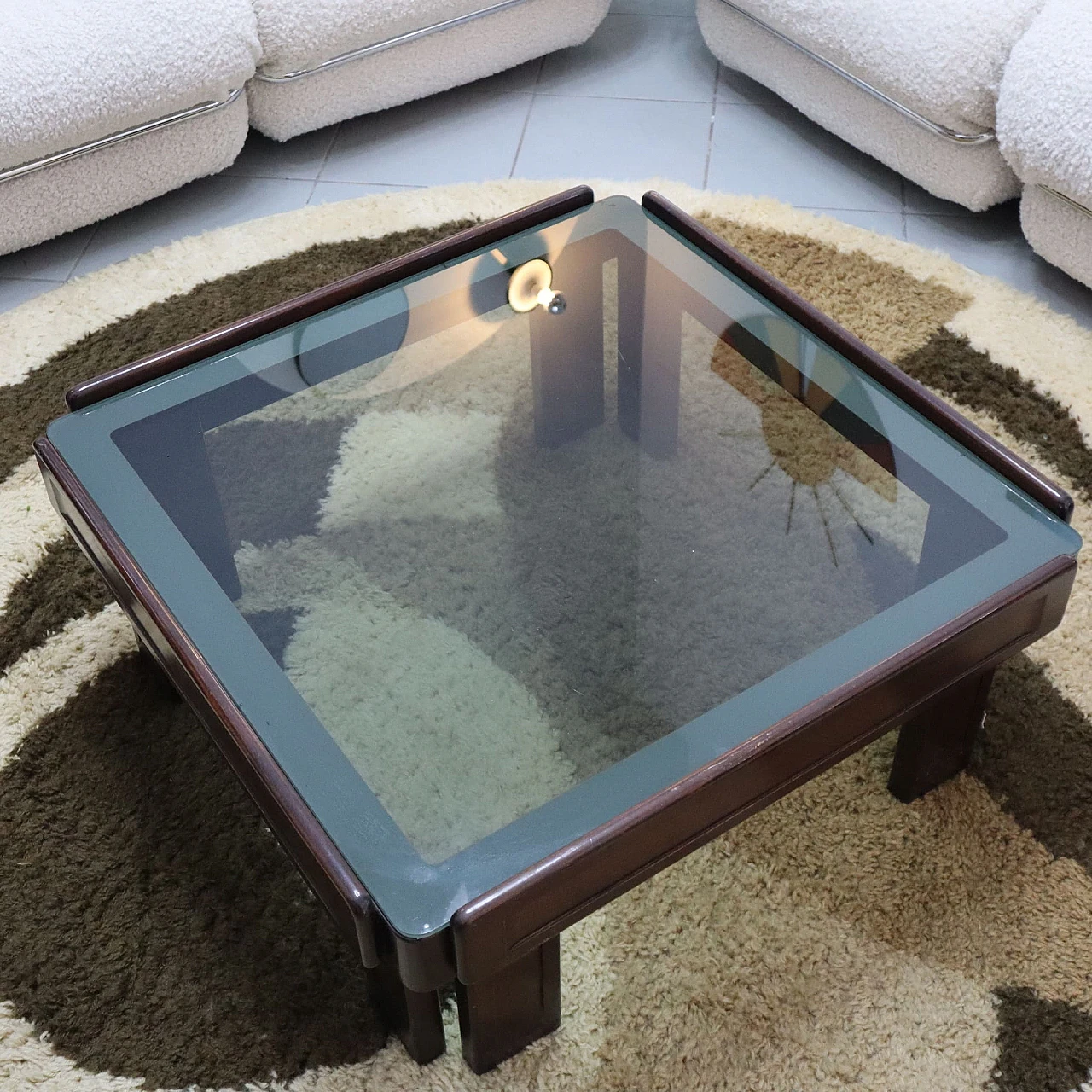 Mahogany & glass square coffee table in A. & T. Scarpa style, 1970s 4