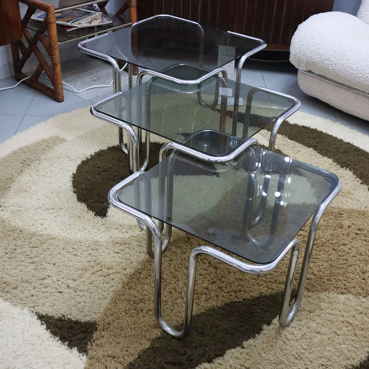 3 Coffee tables in smoked glass & chromed metal, 1970s 1