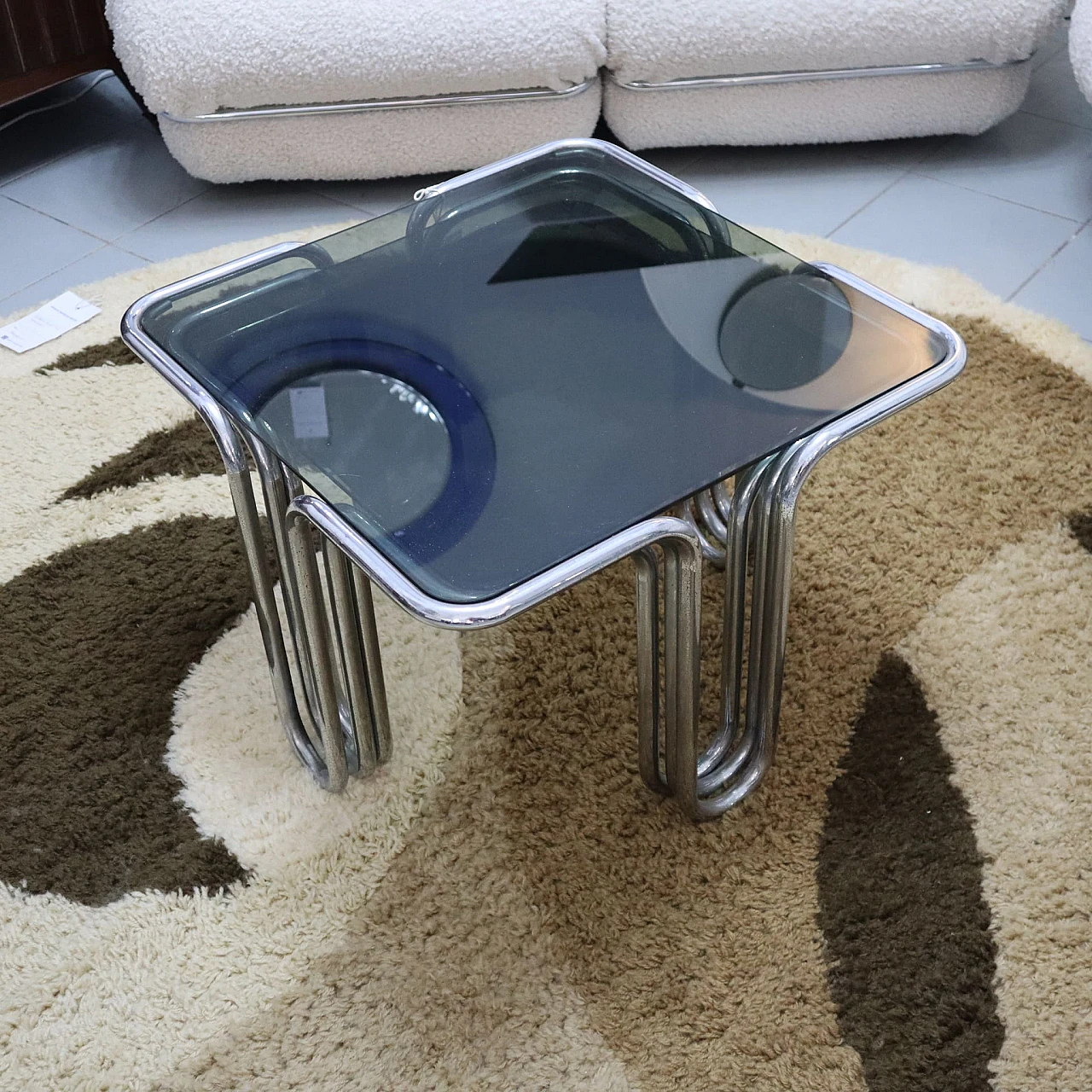 3 Coffee tables in smoked glass & chromed metal, 1970s 5