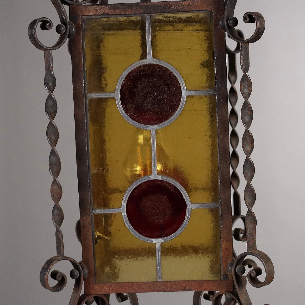 Art Nouveau lantern in wrought iron & leaded glass, 19th century 4