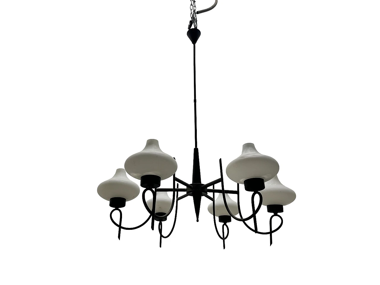 Bronze and black metal chandelier with opaline glass shades, 1950s 1