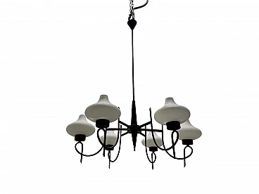 Bronze and black metal chandelier with opaline glass shades, 1950s