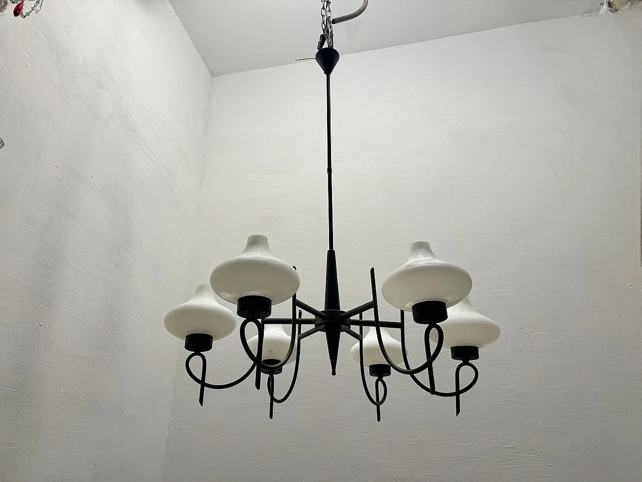 Bronze and black metal chandelier with opaline glass shades, 1950s 3